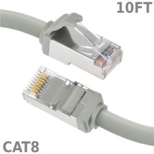 10FT Ethernet LAN Network Cat8 RJ45 S/FTP Cable Shielded Cord 28AWG 2GHz Gray