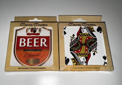 CANVAS COASTERS ~ 2 Sets of Ceramic/Cork Backed Coasters ~ Beer Label/King/Queen