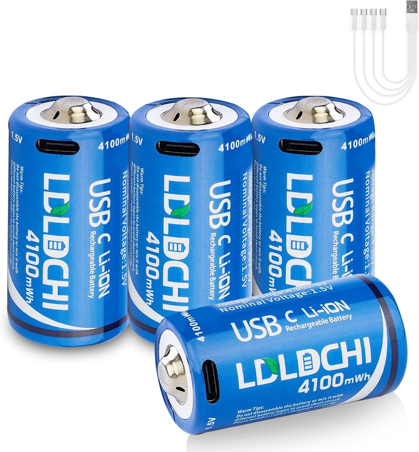 Rechargeable 4100Mwh Lithium C Batteries 4 Pack with 4-In-1 Charger Cable 1.5V