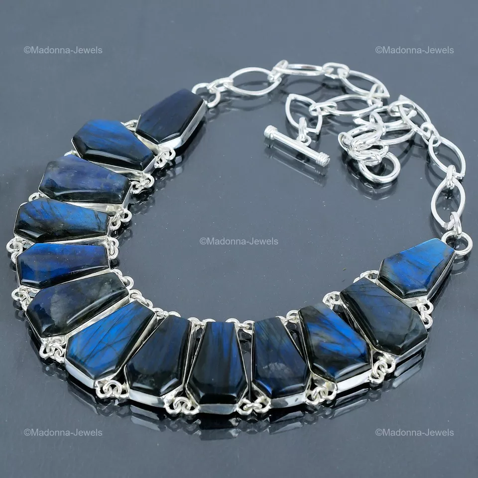 Oferta de San Valentín Piedra Labradorita 925 Plata Esterlina Boho Ataúd Cadena Collar Foto 4 de 4