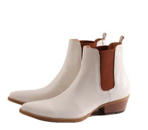 Chelsea Mens Ankle Boots Motor/Biker Shoes Pointrd Toe Pull On Mid Block Heels - Picture 8 of 9