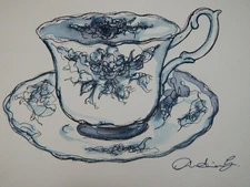 Original pen & ink wash drawing illustration of a tea cup & saucer cup of tea
