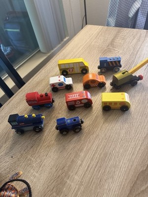 Wooden Toy Vehicles Set Assorted Cars Trucks Trains and Colors