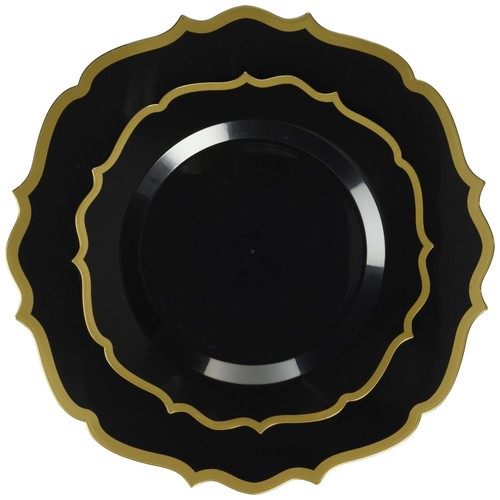 Contemporary Black & Gold Rim Disposable Plastic Plates Combo 32 Count - 7.5"...