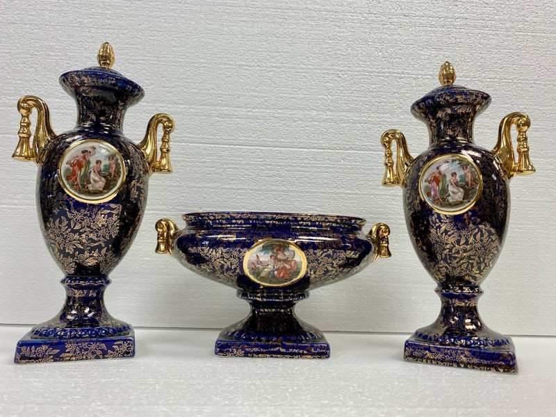 Vintage Empire Ware Cobalt Blue & Gold Pedestal Dish & Urn Set W/lids Victorian