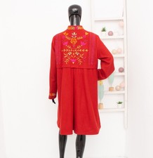 GUDRUN SJODEN Mantel rot 80% Wolle Blumen bestickt Knopf Kniejacke Damen L