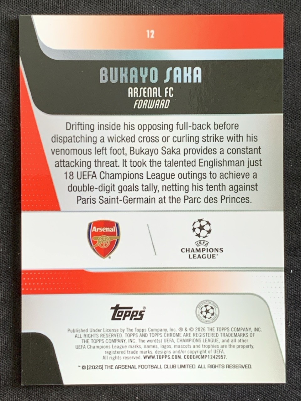 Bukayo Saka 2025-26 Topps Chrome UCC Orange Refractor Base /25 #12 view 2