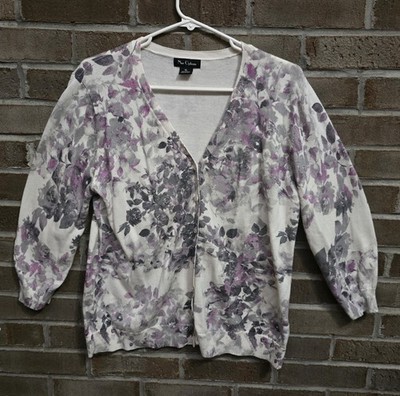 Nue Options Floral Button Down Cardigan Cream Gray Purple Size XL Spring Summer