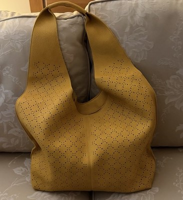 Boutique Style, Modern Vegan Boho Laser Yellow Perforated Hobo Slouchy Tote  