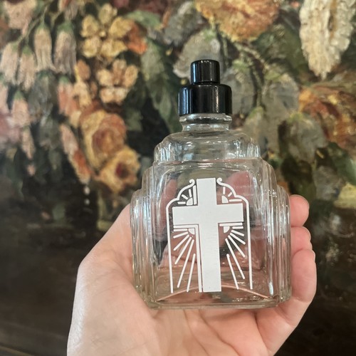 Vintage Art Deco Glass Holy Water Bottle Sprinkler Cap White Cross