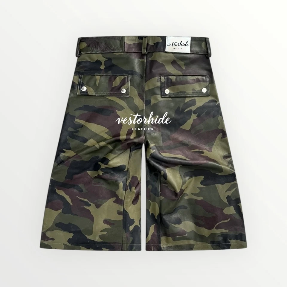 Pantalones Cortos Utilitarios Ejército Camuflados Carga Cuero Para Hombre Sueltos Calce Relajado Cuero de Vaca Real Foto 2 de 3