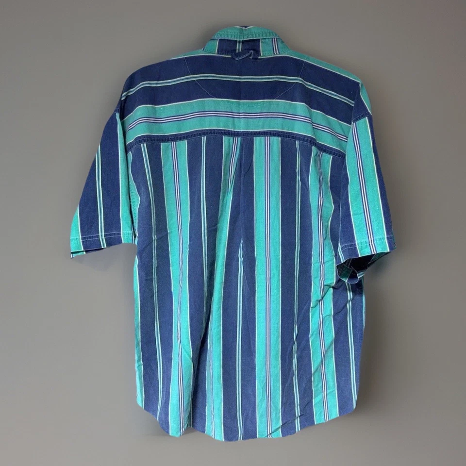 Camisa Gitano Años 90 Rayas Para Hombre M Verde Azulado Azul Marino Rayas Verticales Abotonada De Colección Foto 4 de 4