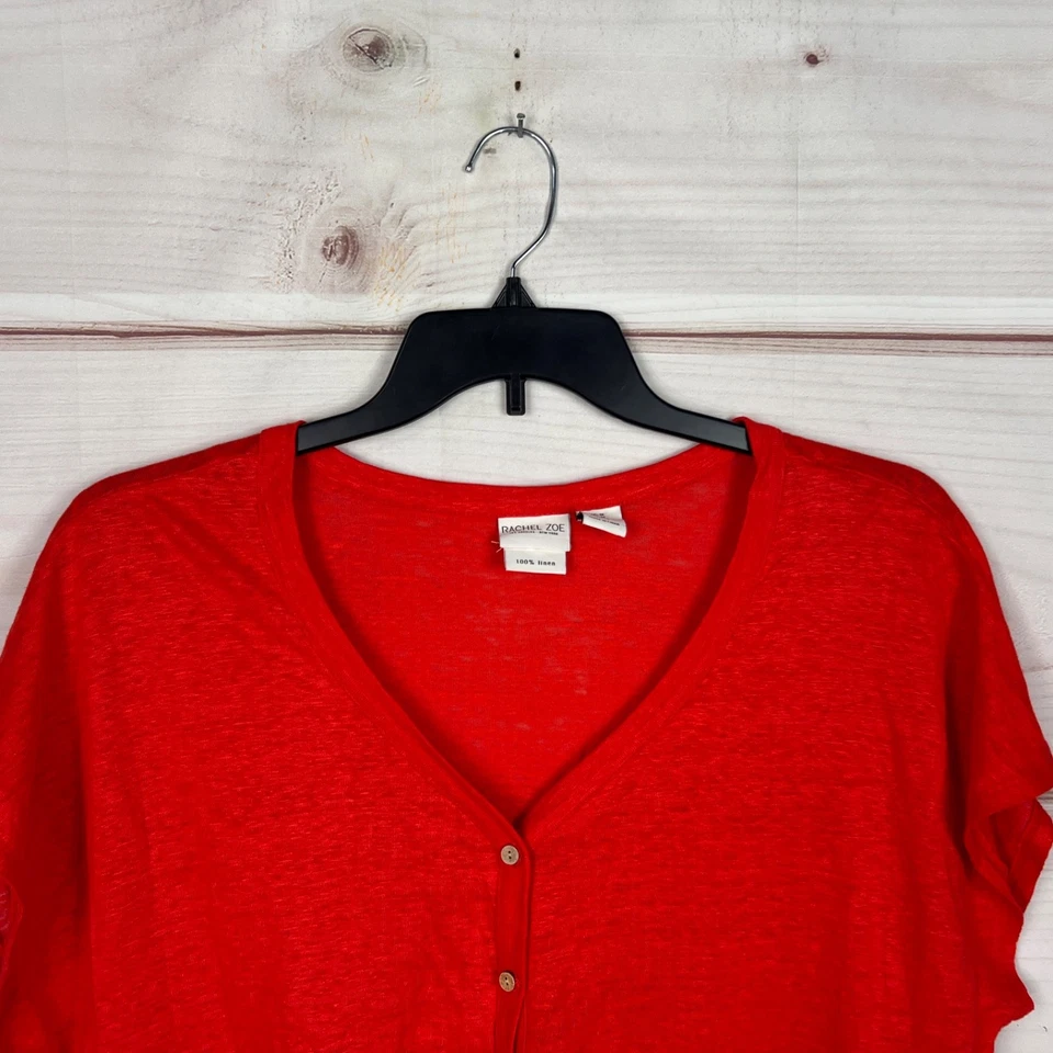 Camiseta Rachel Zoe Top Mujer 1X Lino Rojo Botón Delantero Cuello en V Corbata Cintura Sólida Foto 2 de 4