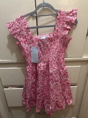 Hill House Home Girls XL Pink/White Floral Cotton Smocked Square Neck Dress