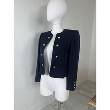 Louis Feraud Cropped Navy Wool Blazer Gold Buttons Size 38