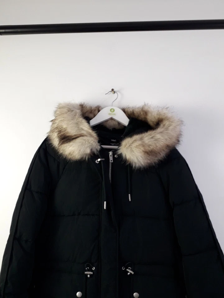 M&S Women's Shower Resistant Longline Puffer Coat Faux Fur Trim Green Size 16 F2 - Image 3 of 4