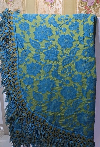 Vintage 70er MCM Mid Century Farben Brokat/ Fransen Queen Tagesdecke