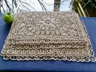 Set 12 Vintage Ecru Cotton Lace Placemats Hand Needle Weaving Tape Lace 13x17''
