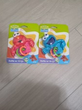 Sesame Street Elmo & Cookie Monster Baby Rattles W/ Rings, 0 To 18 Months New