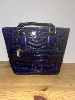 Blue Faux Leather Tote Bag With A Crocodile Embossed Pattern