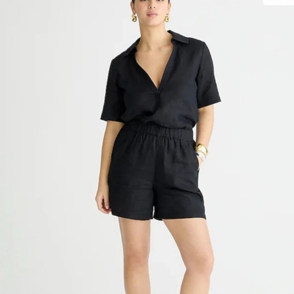 J.Crew Womens Long Tropez Short 100% Linen Size Large Black Pull-on Minimalist