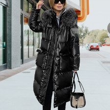 Women Down Coats Faux Fur Hooded Casual Thick Mid Length Jacket Warm Windbreaker