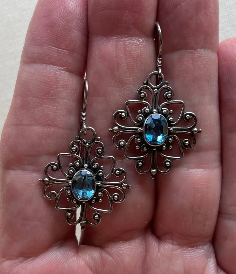Elegant Caviar Dangle Earrings Sterling Blue Topaz Celtic Gothic Steampunk 1.5" - Image 2 of 4