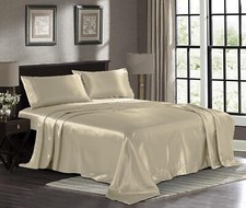 Twin Size Champagne Gold Satin Bed Sheet Set Super Soft 1800 Microfiber Wrinkle