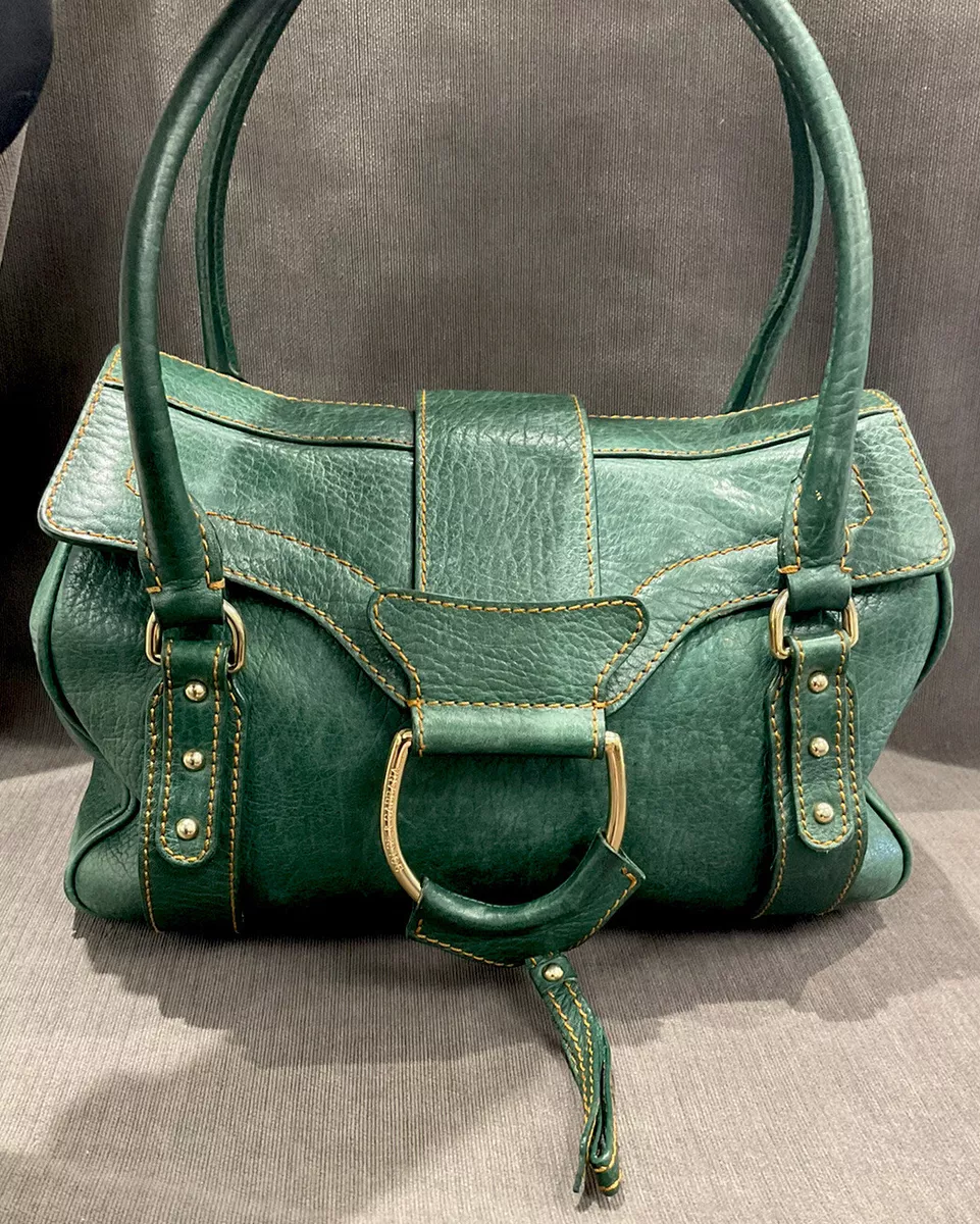 DOLCE & GABBANA D-Ring Pebbled Green Leather Stitched Ladies Satchel  Handbag