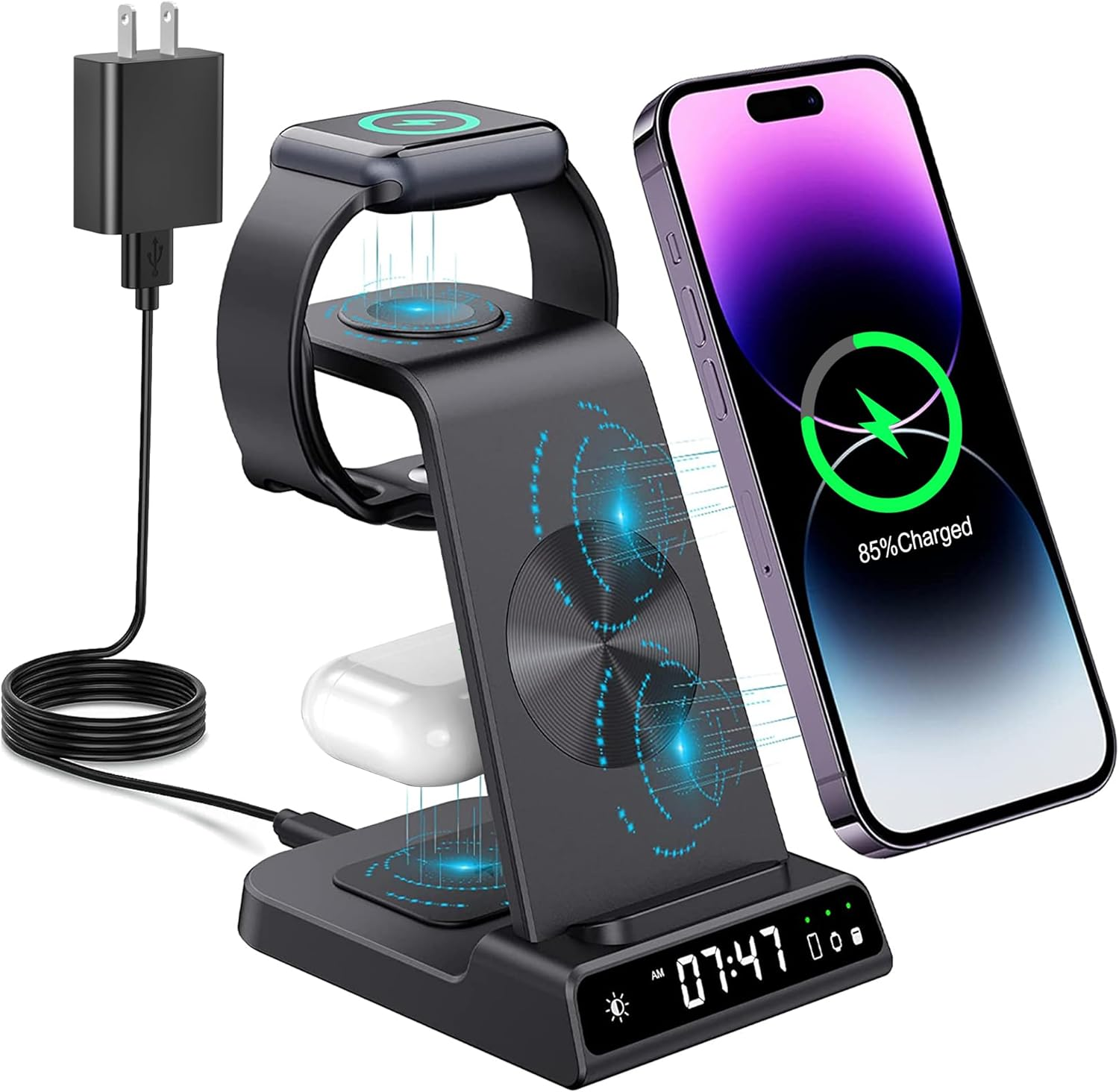 Wireless Charging Station, Yijyi 3 in 1 Watch Charger Stand with Digital Clock-image