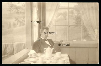 Fine gentleman reading a book after breakfast on Sunday photo postcard 14x9cm