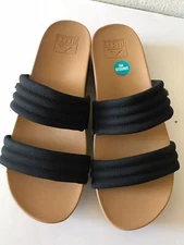 WOMEN'S REEF BLACK/TAN KAIA 2 BAR SLIDE ON BEACH/POOL FLIP FLOP SANDALS SIZE 9 N