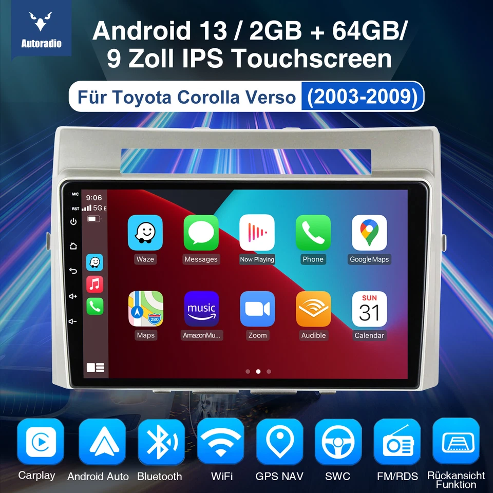 Für Toyota Corolla Verso 2003-2009 Android 13 64G Carplay DAB+ Autoradio GPS Cam - Bild 2 von 4