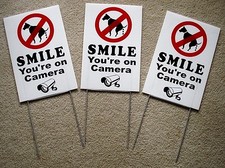 3 NO DOG POOP - SMILE YOU'RE ON CAMERA 8"X12" Plastic Coroplast Signs w/Stakes