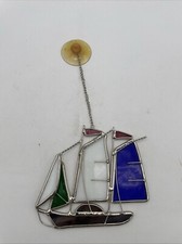Vintage hanging colorful stained glass Sailboat with 2 red flags over 3 sails