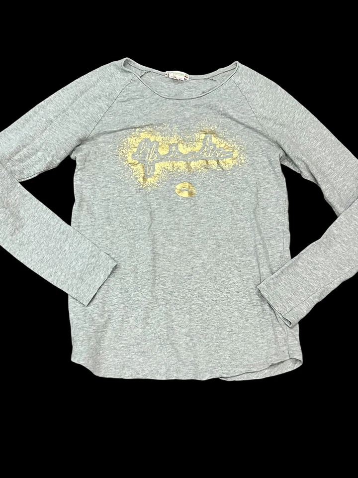 BONPOINT GIRLS LONG SLEEVE GRAY TEE T SHIRT GOLD FOIL LIFE IS A KISS XS 14 - Image 2 of 4