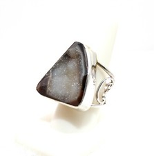 Handmade Druzy Quartz Brown  White Ring Size 10 Large Chunky Sterling Silver