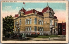 FLINT Michigan Postcard CITY HALL Building / Street View / Tichnor - 1927 Cancel