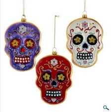 glass SUGAR SKULL FACE ORNAMENTS set of 3 PURPLE red WHITE Kurt Adler NB1240