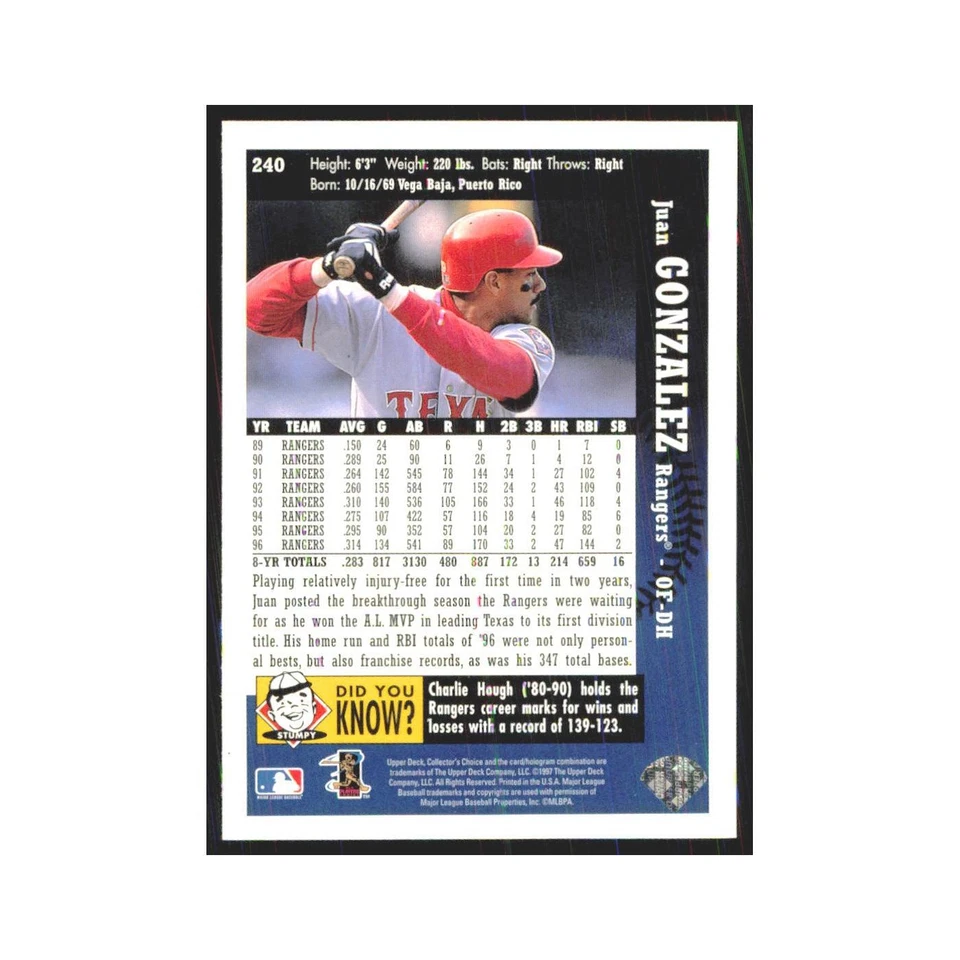 1997 Upper Deck Collectors Choice Juan Gonzalez Rangers #240 - Image 2 of 3