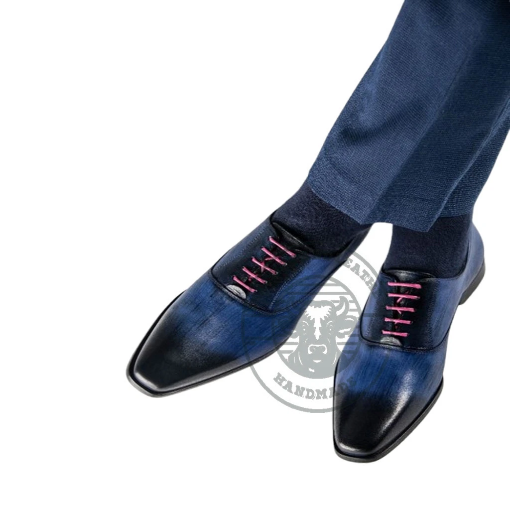 Blue Patina Hand Painted Leather Burnished Derby Pink Laces Formal Dress Shoes