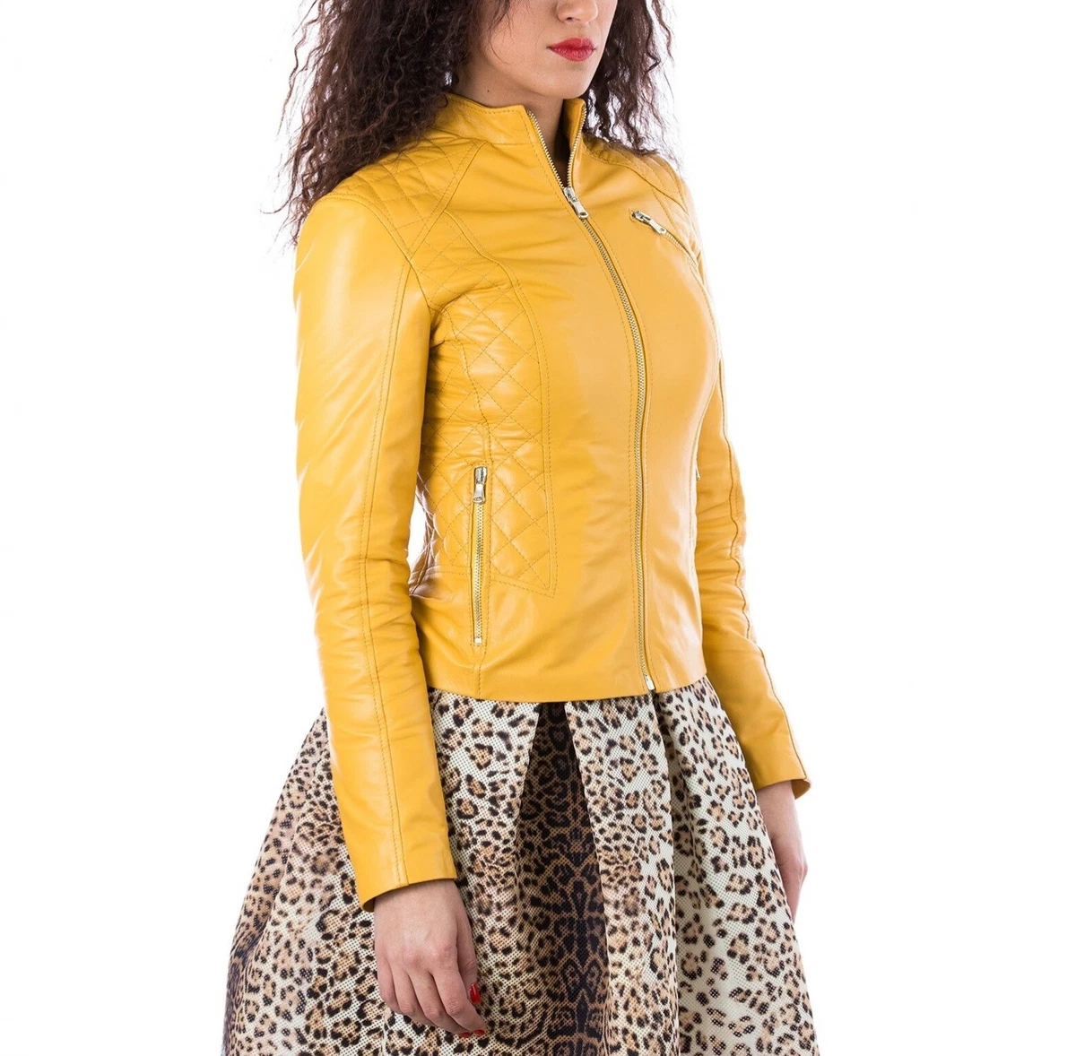 Leather Jacket Women S Yellow Size Womens M Coat Motorcycle Biker Moto Small 22