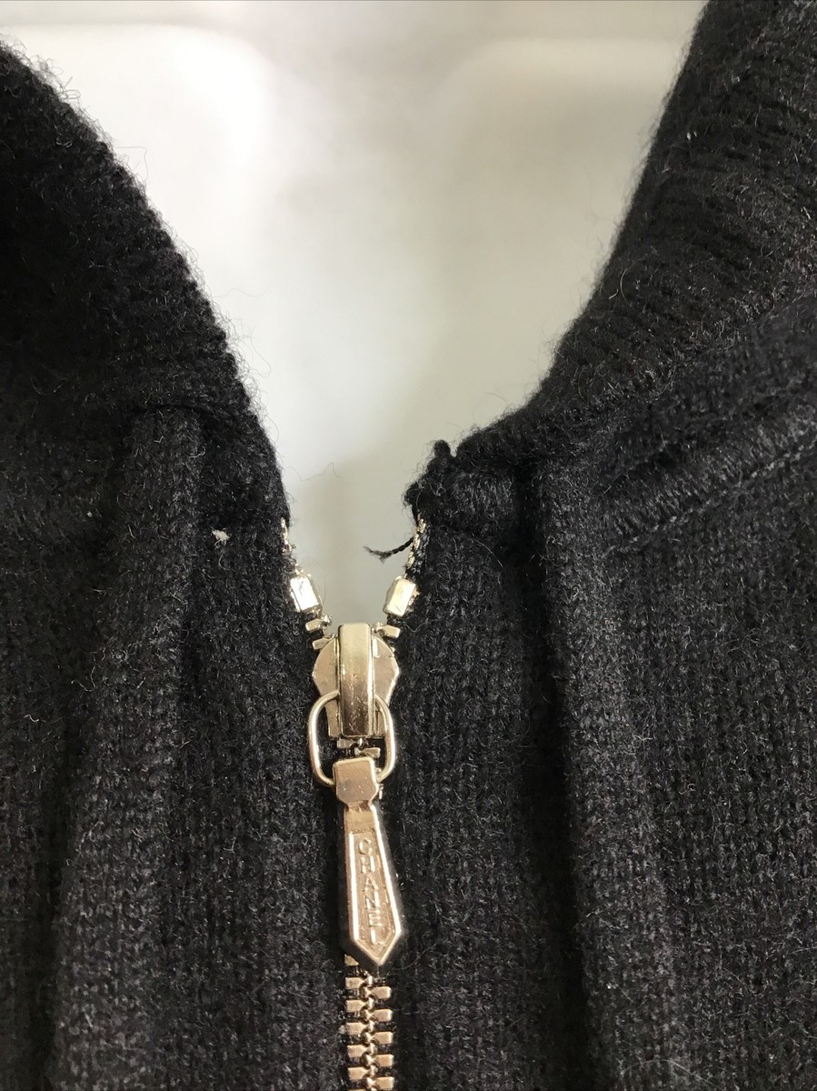 Chanel Vintage Black Zip Up Hoodie Tan Arms Stripes Cashmere