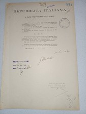 AUTOGRAPH SIGNATURE OF NICOLA ON DECREE ITALIAN REPUBLIC 1946 WW2