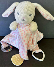 Modern Baby Pink White Polka Dot Bunny Lovey Security Blanket w/ Teether Ring