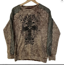 Women's Affliction Crew Neck Light Green Brown Embroidery Sleeves Sweatshirt