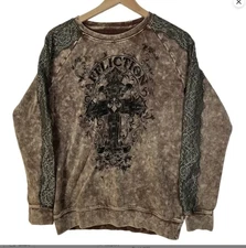 Women's Affliction Crew Neck Light Green Brown Embroidery Sleeves Sweatshirt 