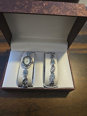  ANTIQUE LOOK TURQUIOSE STONES SILVER FINISH WATCH & BRACLET SET, Original Box 