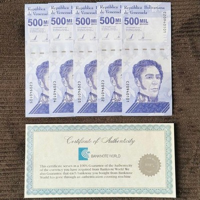 Venezuela 5 unbenutzte 500.000 Bolivar Soberano Banknoten, Seriennummernsatz