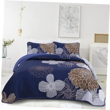 Floral Bedspread Quilt Set 3 Pieces-Navy Blue Bohemian Floral Queen Brown/Navy